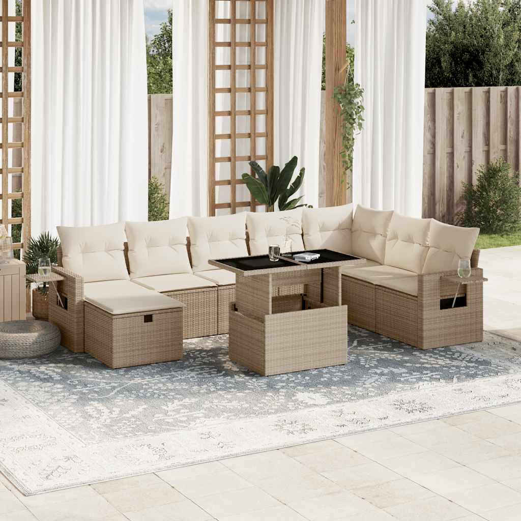 Set Divano da Giardino 9 pz con Cuscini Beige in Polyrattan