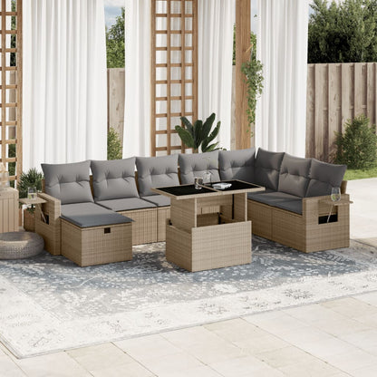 Set Divano da Giardino 9 pz con Cuscini Beige in Polyrattan