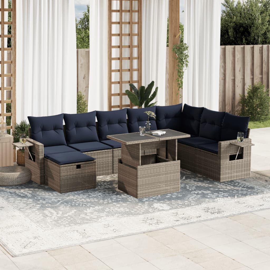 Set Divani da Giardino 9 pz con Cuscini Grigio in Polyrattan | homemem39