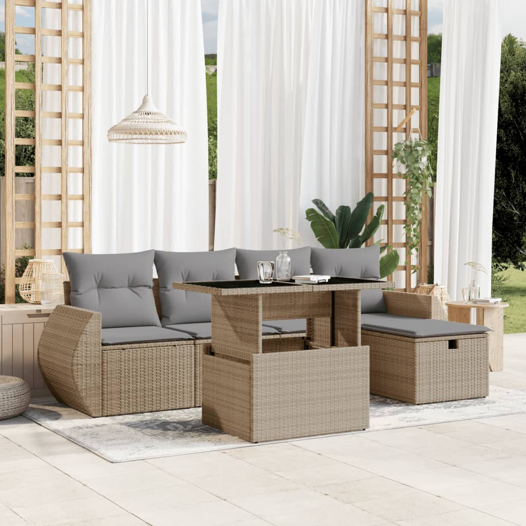 Set Divano da Giardino 6 pz con Cuscini Beige in Polyrattan - homemem39