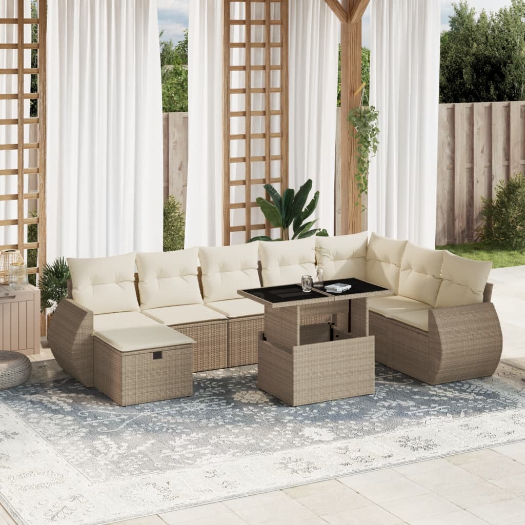 Set Divano da Giardino 9 pz con Cuscini Beige in Polyrattan