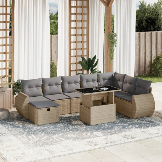 Set Divano da Giardino 9 pz con Cuscini Beige in Polyrattan - homemem39