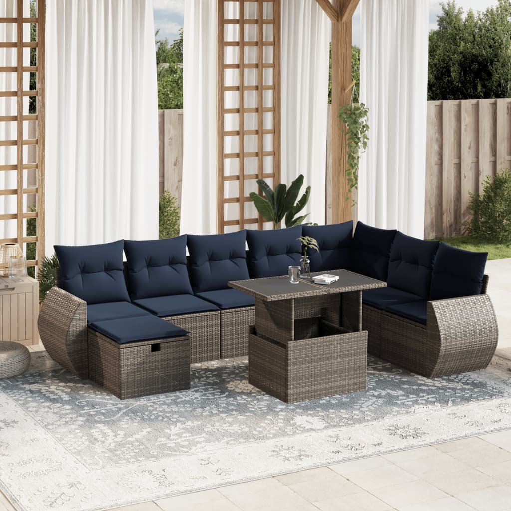Set Divani da Giardino 9 pz con Cuscini Grigio in Polyrattan | homemem39