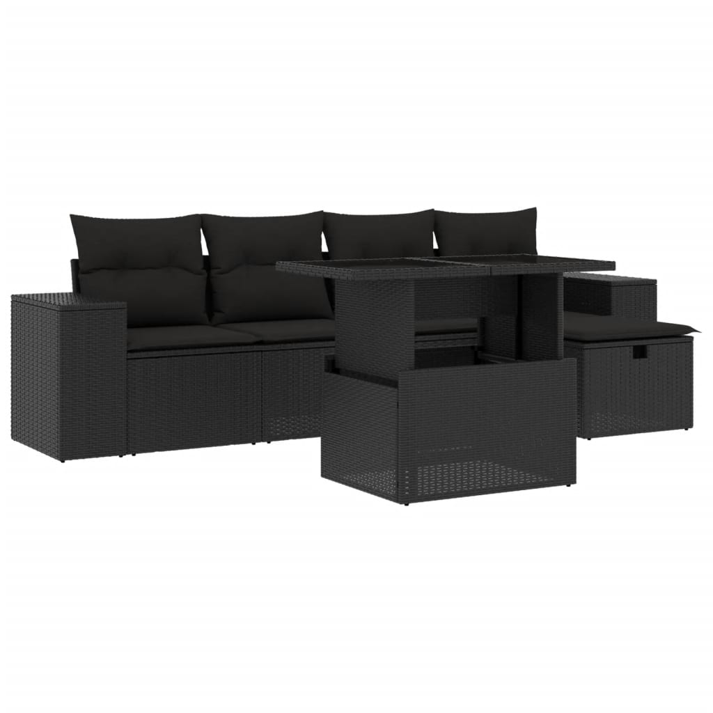 6-teiliges Gartensofa-Set mit schwarzen Polyrattan-Kissen