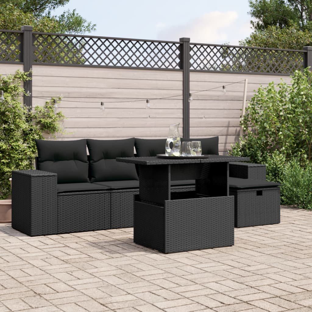 6-teiliges Gartensofa-Set mit schwarzen Polyrattan-Kissen