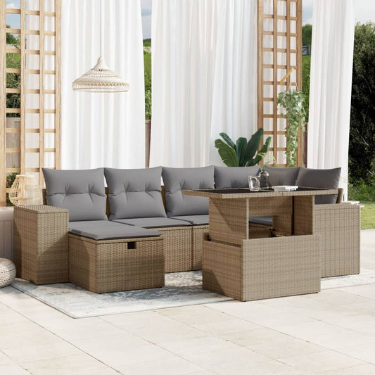 Set Divani da Giardino 7 pz con Cuscini Beige in Polyrattan - homemem39