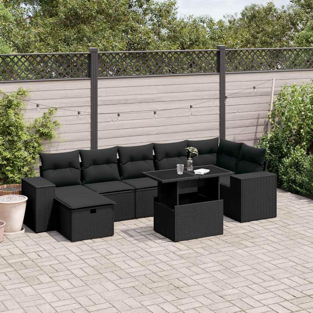 Set Divani da Giardino con Cuscini 8 pz Nero in Polyrattan | homemem39