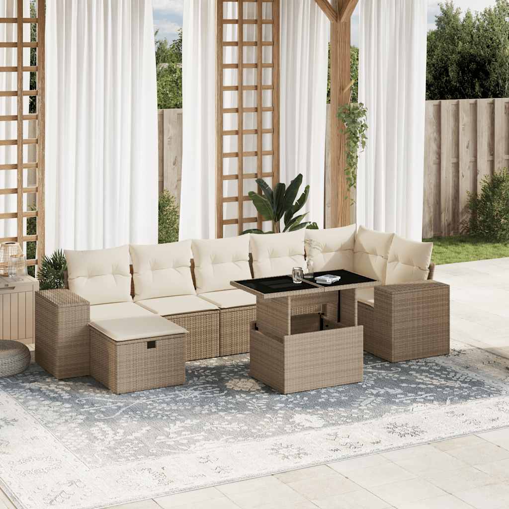 Set Divano da Giardino 8 pz con Cuscini Beige in Polyrattan