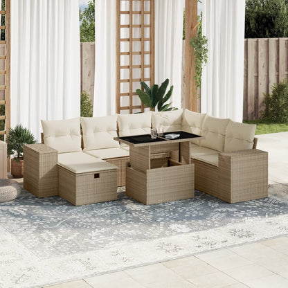 Set Divano da Giardino 8 pz con Cuscini Beige in Polyrattan