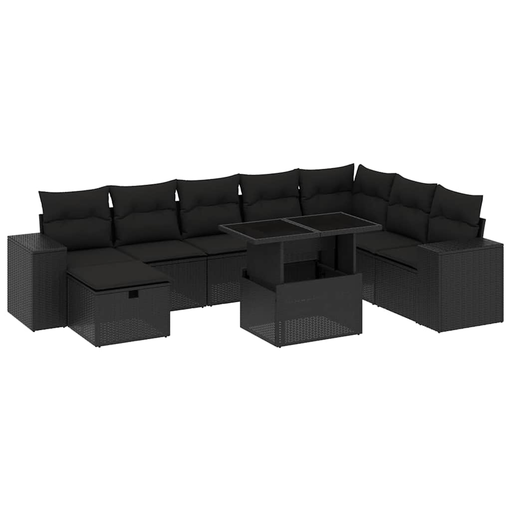 Set Divani da Giardino 9 pz con Cuscini Nero in Polyrattan | homemem39