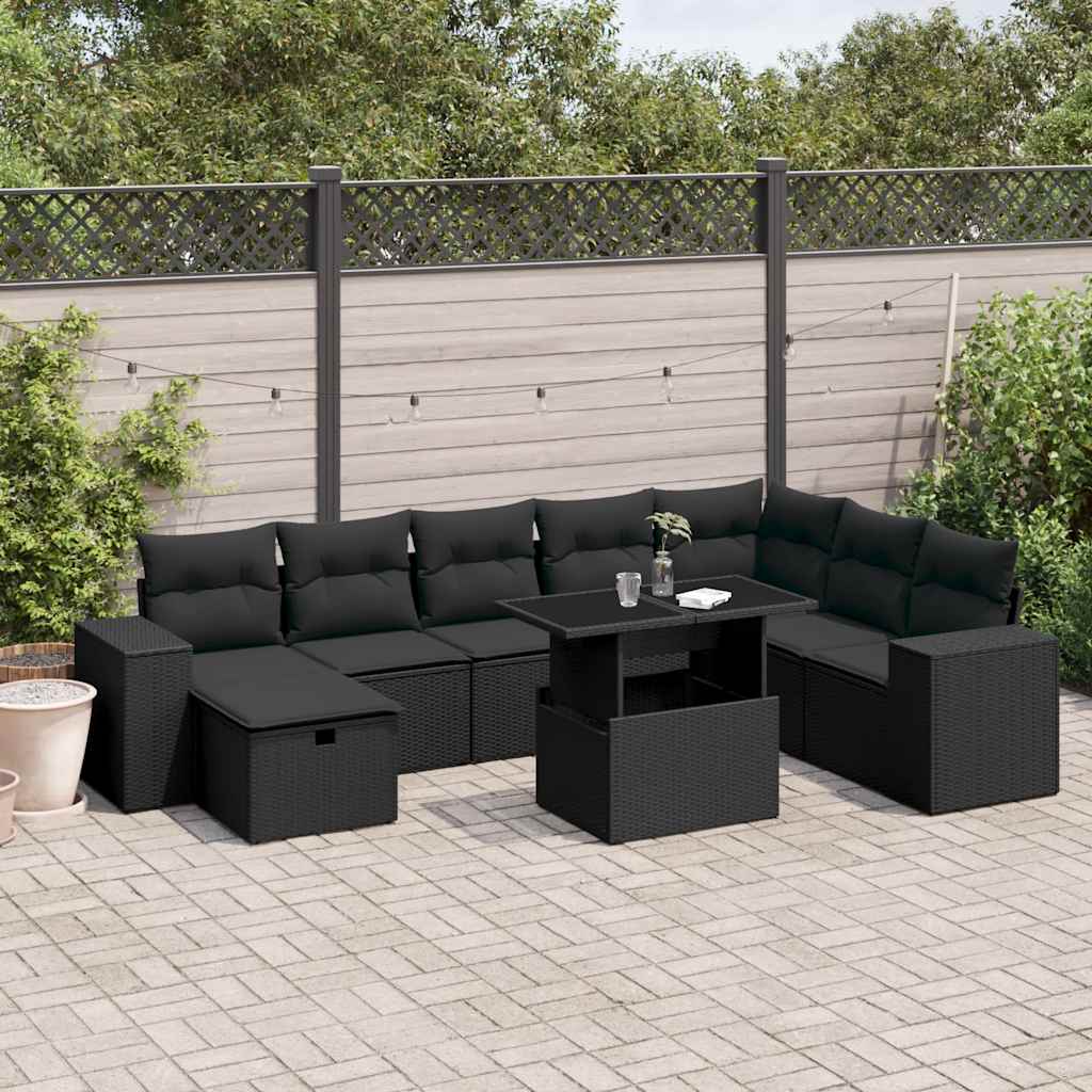 Set Divani da Giardino 9 pz con Cuscini Nero in Polyrattan | homemem39