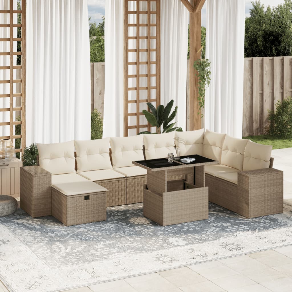 Set Divano da Giardino 9 pz con Cuscini Beige in Polyrattan - homemem39