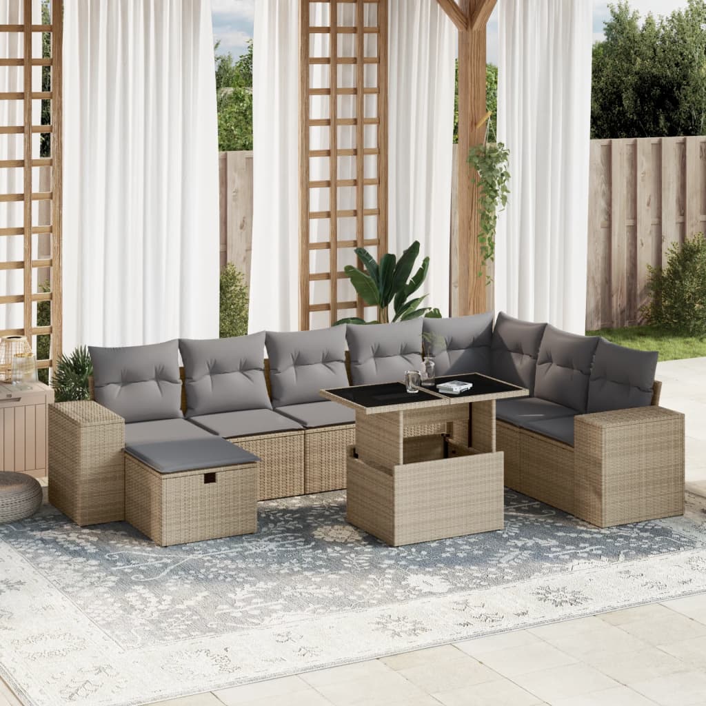 Set Divano da Giardino 9 pz con Cuscini Beige in Polyrattan - homemem39