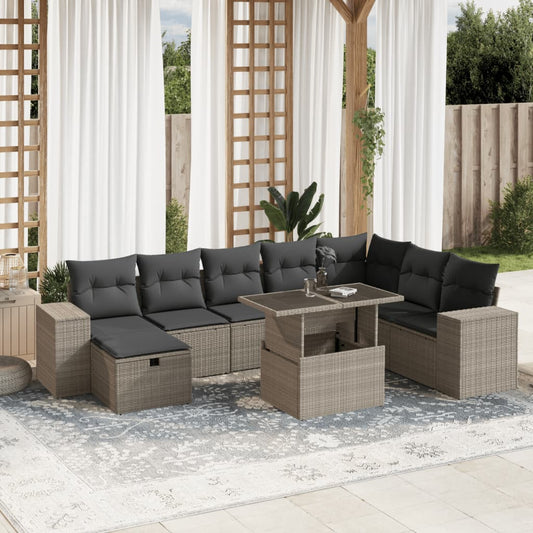 Set Divano da Giardino 9pz con Cuscini Grigio Chiaro Polyrattan - homemem39