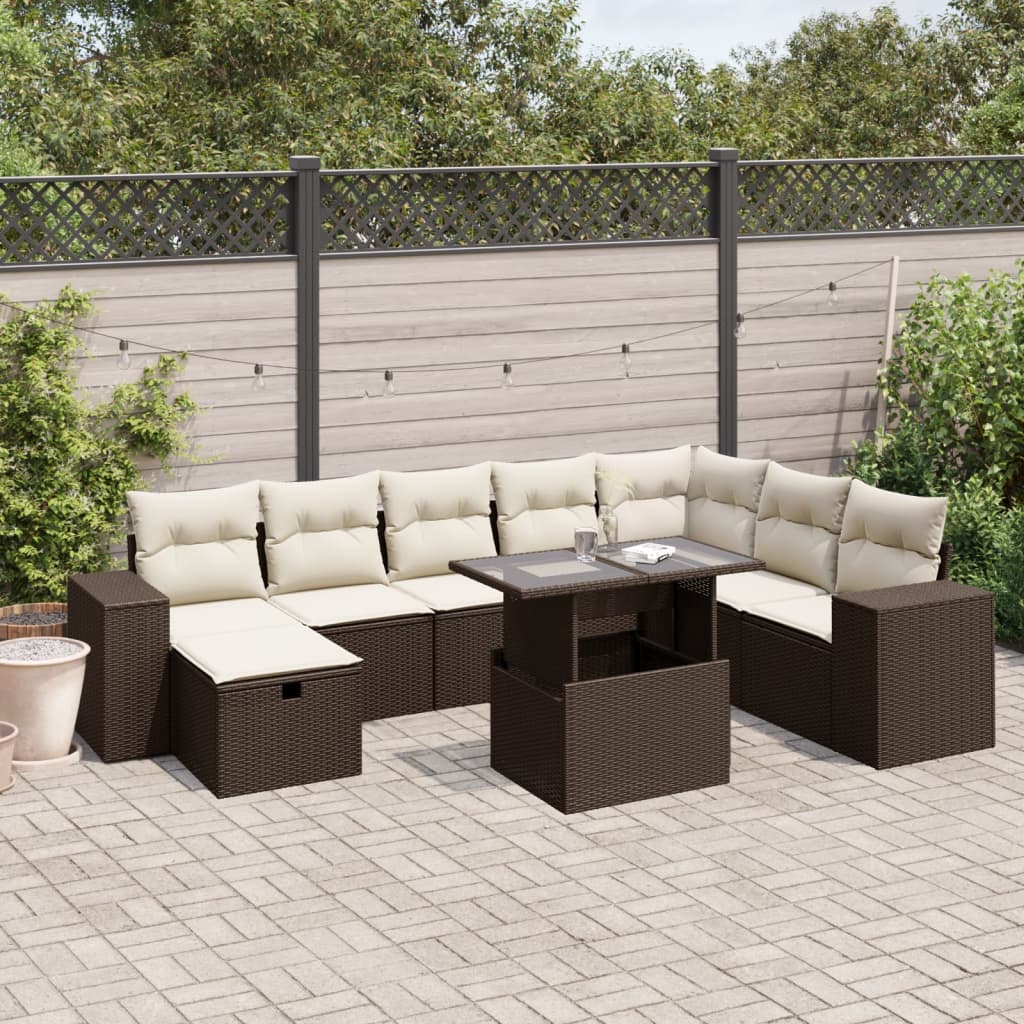 Set Divani da Giardino 9pz con Cuscini Marrone in Polyrattan - homemem39