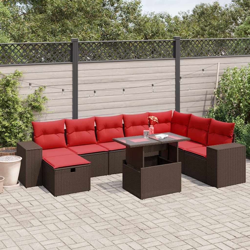 Set Divani da Giardino 9 pz con Cuscini Marrone in Polyrattan