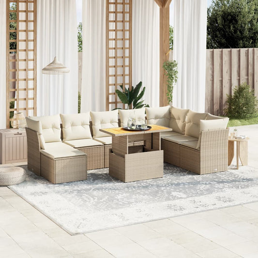 Set Divano da Giardino 9 pz con Cuscini Beige in Polyrattan - homemem39