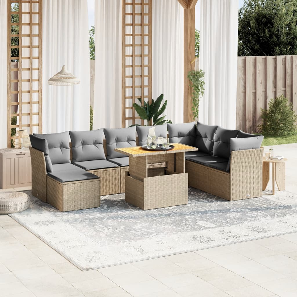 Set Divano da Giardino 9 pz con Cuscini Beige in Polyrattan - homemem39