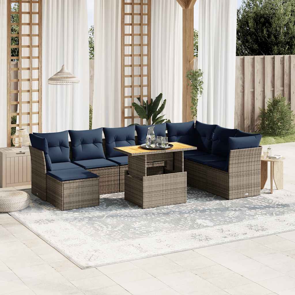 Set Divani da Giardino 9 pz con Cuscini Grigio in Polyrattan | homemem39