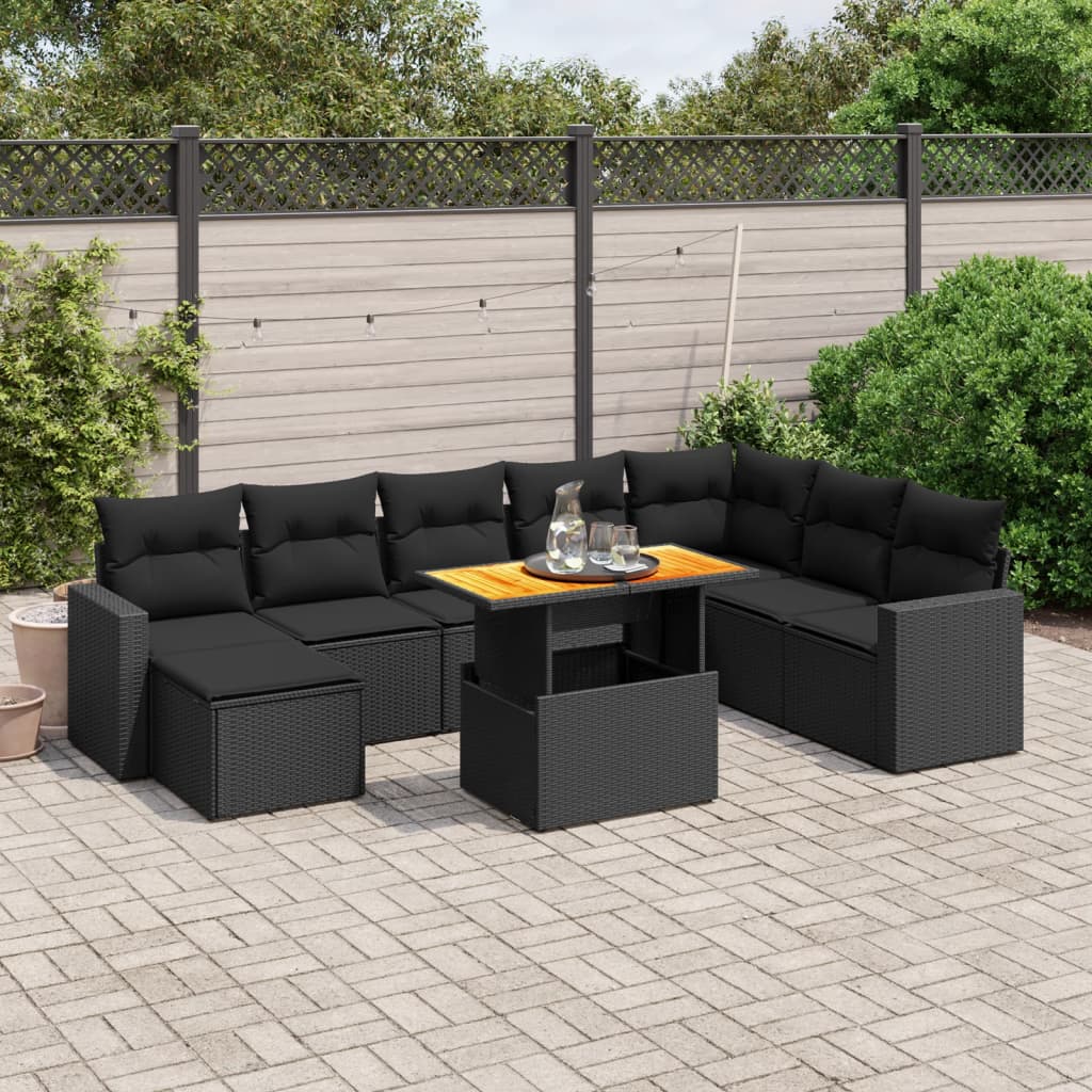 Set Divani da Giardino 9 pz con Cuscini Nero in Polyrattan