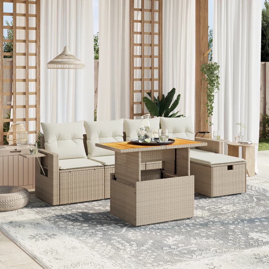 Set Divano da Giardino 6 pz con Cuscini Beige in Polyrattan