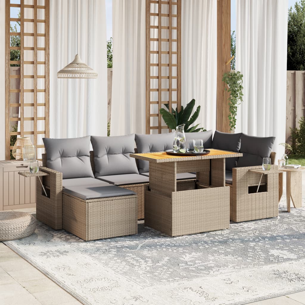 Set Divani da Giardino 7 pz con Cuscini Beige in Polyrattan