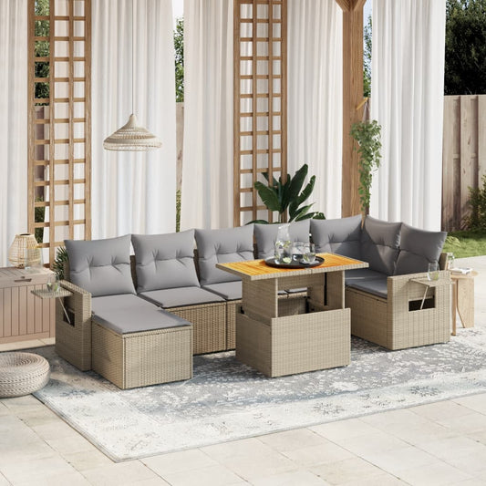 Set Divano da Giardino 8 pz con Cuscini Beige in Polyrattan