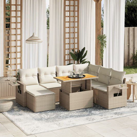 Set Divano da Giardino 8 pz con Cuscini Beige in Polyrattan