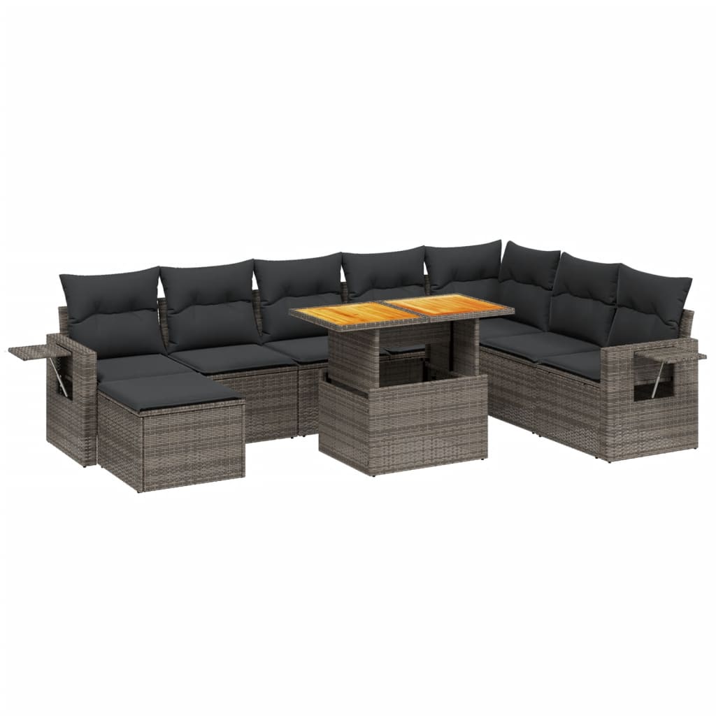 Set Divano da Giardino 9 pz con Cuscini Grigio in Polyrattan