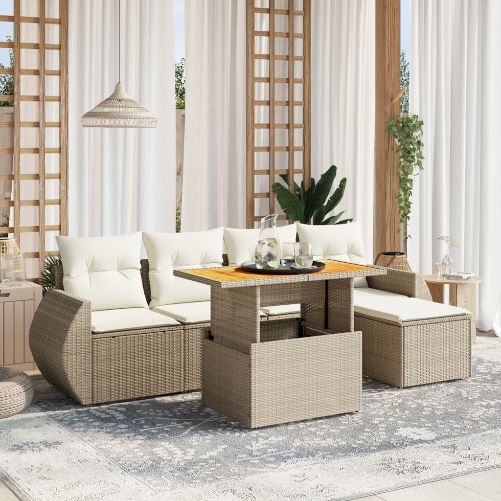 Set Divano da Giardino 6 pz con Cuscini Beige in Polyrattan