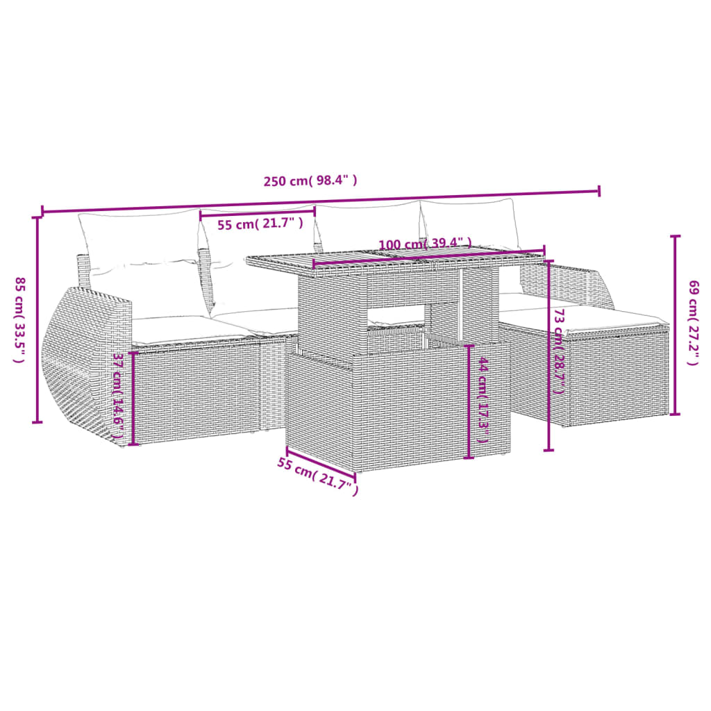 Set Divano da Giardino 6 pz con Cuscini Beige in Polyrattan