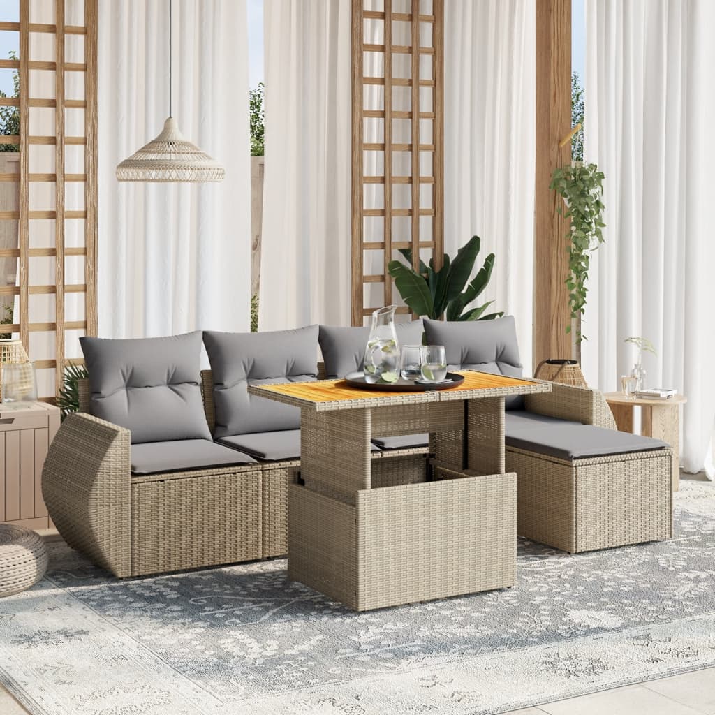 Set Divano da Giardino 6 pz con Cuscini Beige in Polyrattan