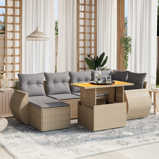 Set Divani da Giardino 7 pz con Cuscini Beige in Polyrattan