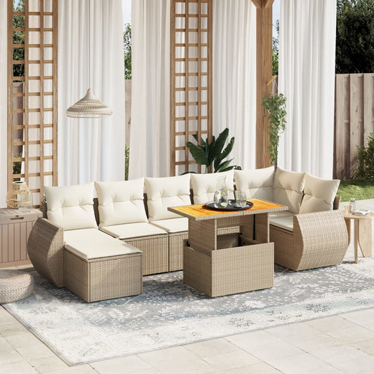 Set Divano da Giardino 8 pz con Cuscini Beige in Polyrattan