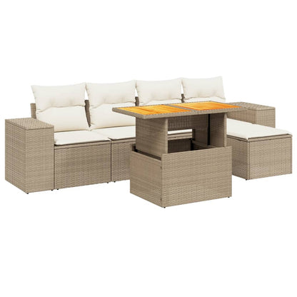 Set Divano da Giardino 6 pz con Cuscini Beige in Polyrattan