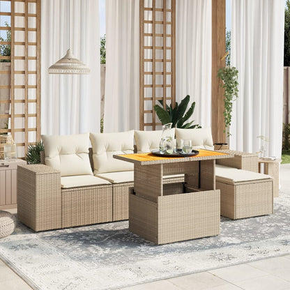 Set Divano da Giardino 6 pz con Cuscini Beige in Polyrattan