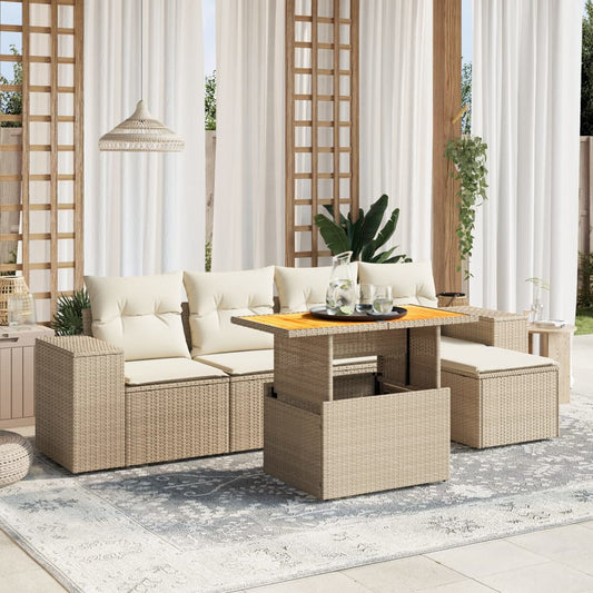 Set Divano da Giardino 6 pz con Cuscini Beige in Polyrattan