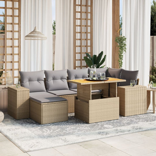 Set Divani da Giardino 7 pz con Cuscini Beige in Polyrattan