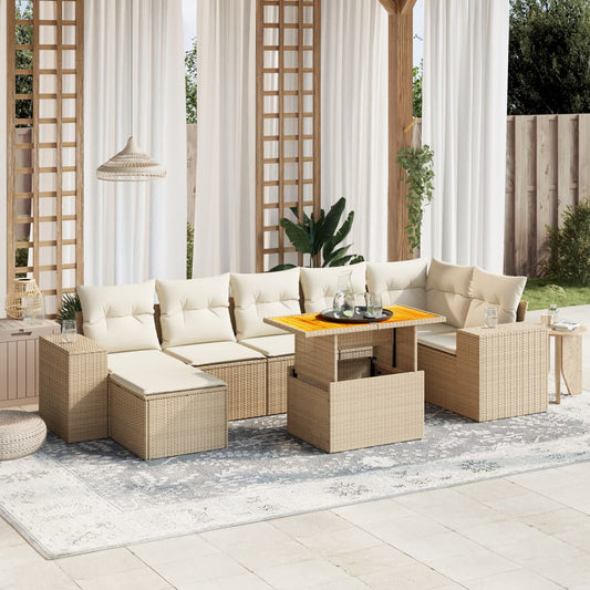 Set Divano da Giardino 8 pz con Cuscini Beige in Polyrattan