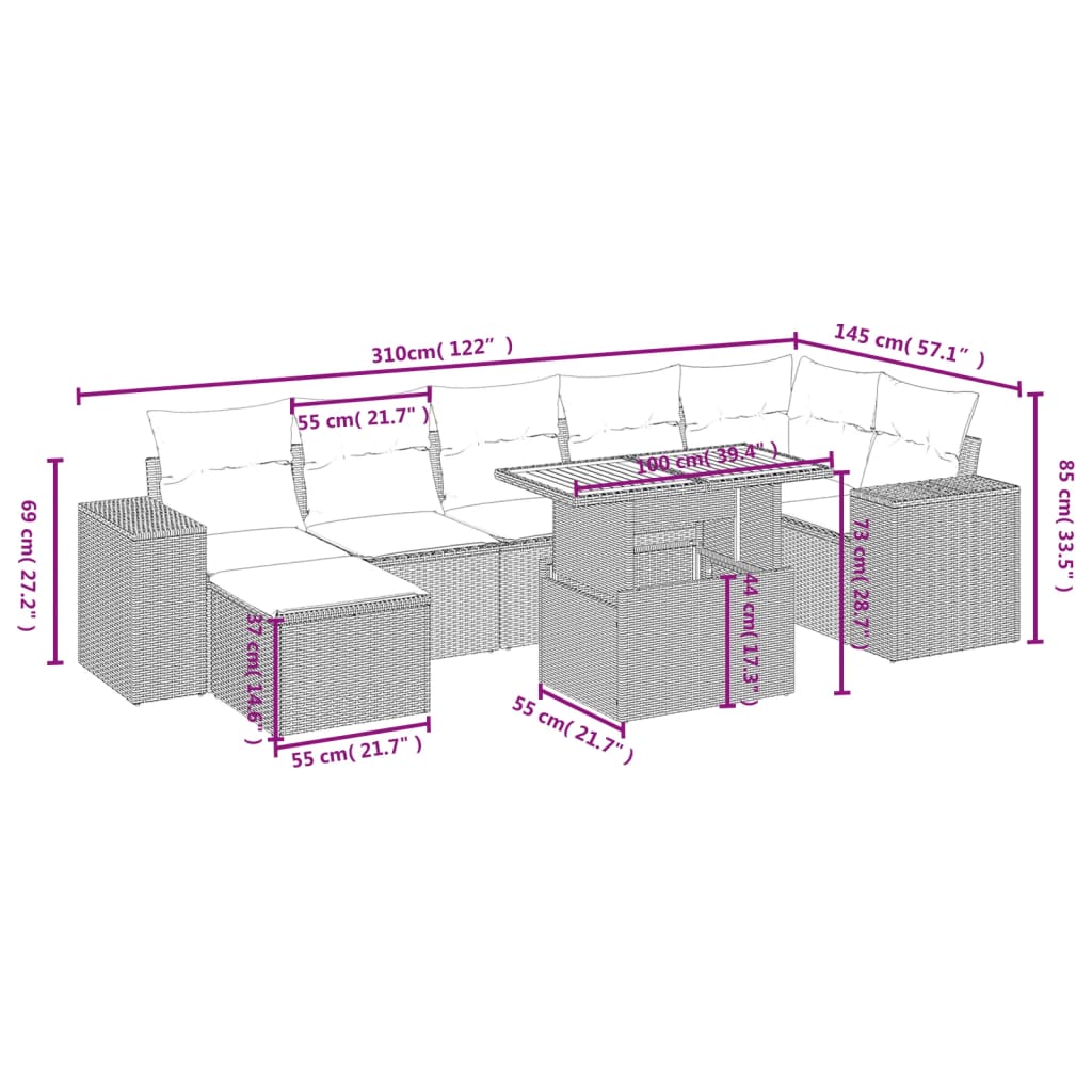 Set Divano da Giardino 8 pz con Cuscini Grigio in Polyrattan