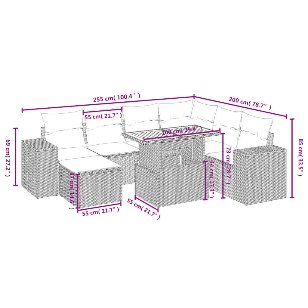 Set Divano da Giardino 8 pz con Cuscini Beige in Polyrattan