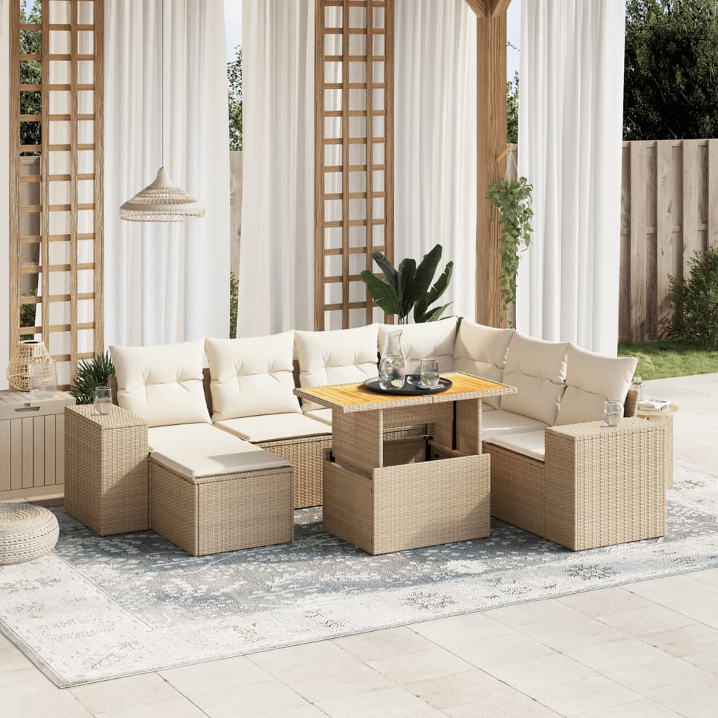 Set Divano da Giardino 8 pz con Cuscini Beige in Polyrattan