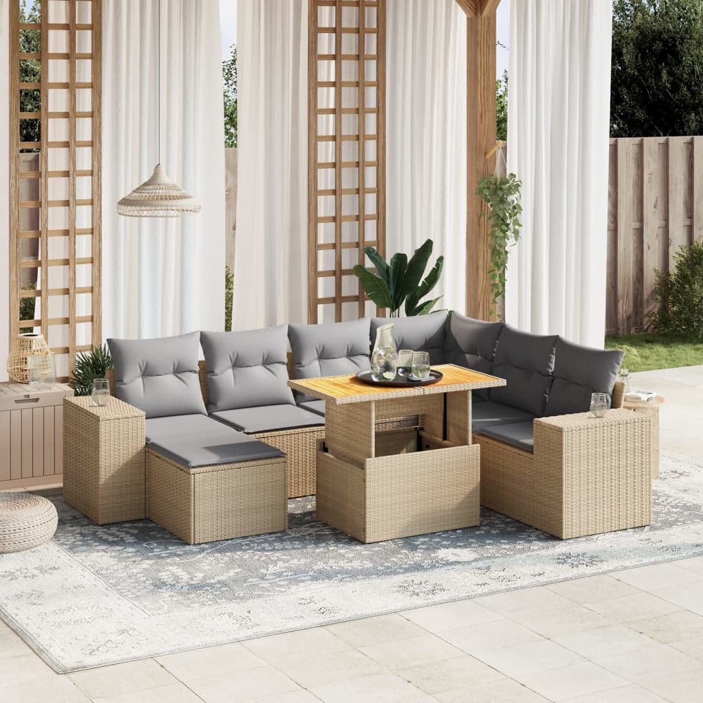 Set Divano da Giardino 8 pz con Cuscini Beige in Polyrattan