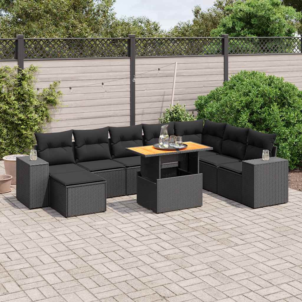 Set Divani da Giardino 9 pz con Cuscini Nero in Polyrattan | homemem39
