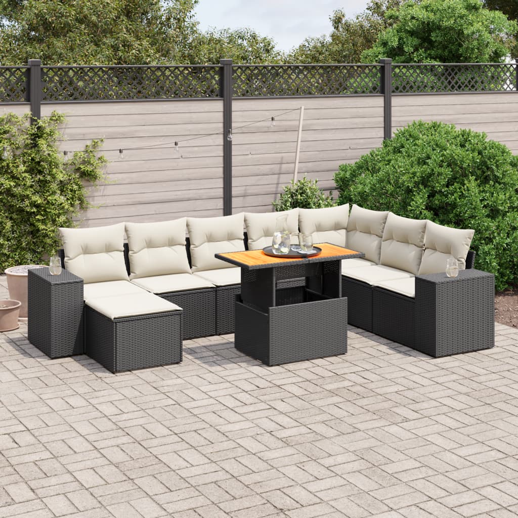 Set Divani da Giardino 9 pz con Cuscini Nero in Polyrattan