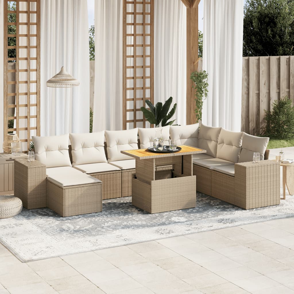 Set Divano da Giardino 9 pz con Cuscini Beige in Polyrattan - homemem39
