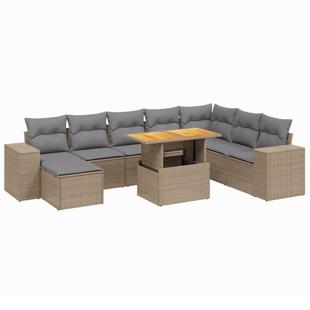 Set Divano da Giardino 9 pz con Cuscini Beige in Polyrattan