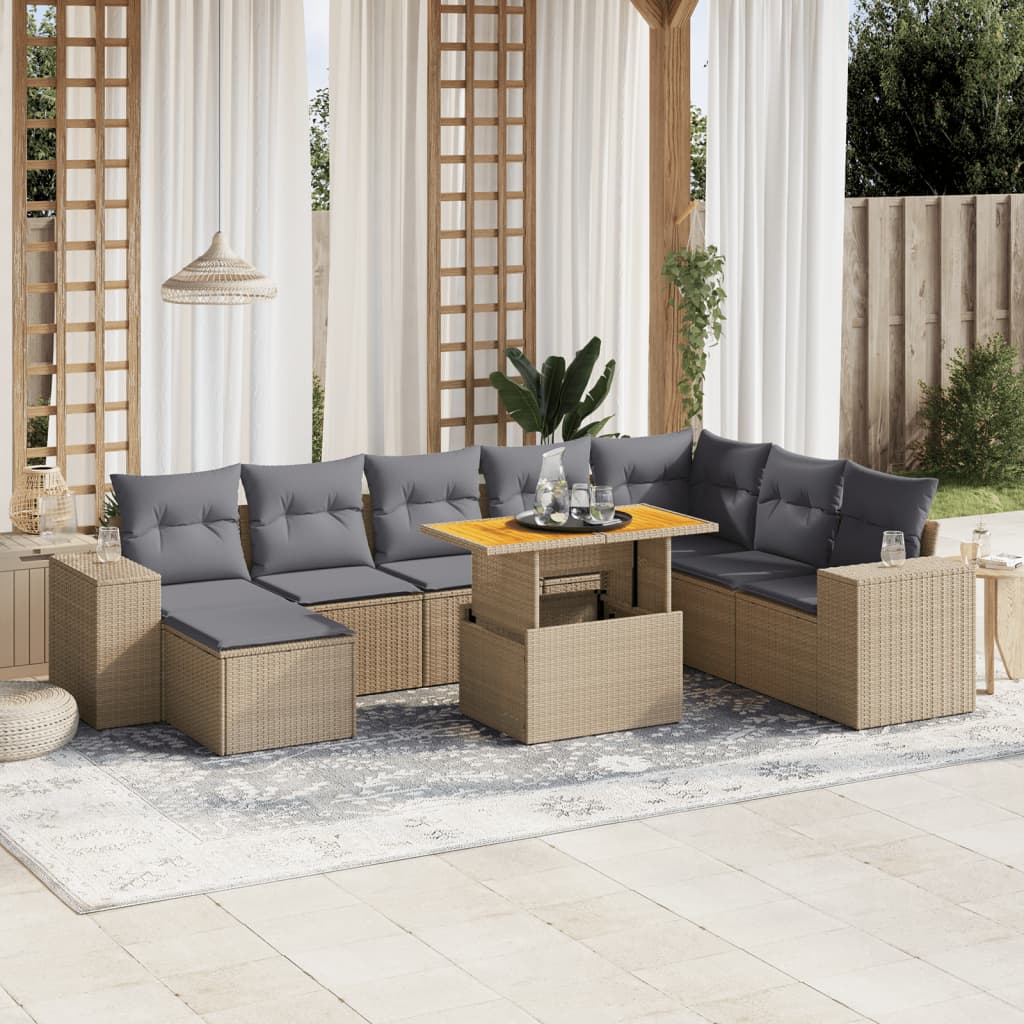 Set Divano da Giardino 9 pz con Cuscini Beige in Polyrattan