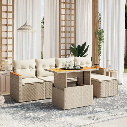 Set Divano da Giardino 6 pz con Cuscini Beige in Polyrattan