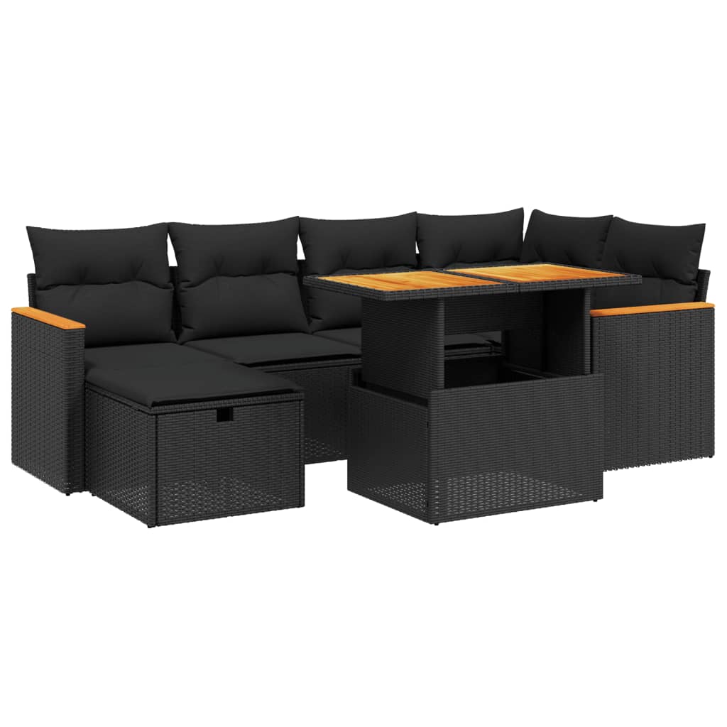 Gartensofa-Set mit Kissen 7-teilig, schwarzes Polyrattan